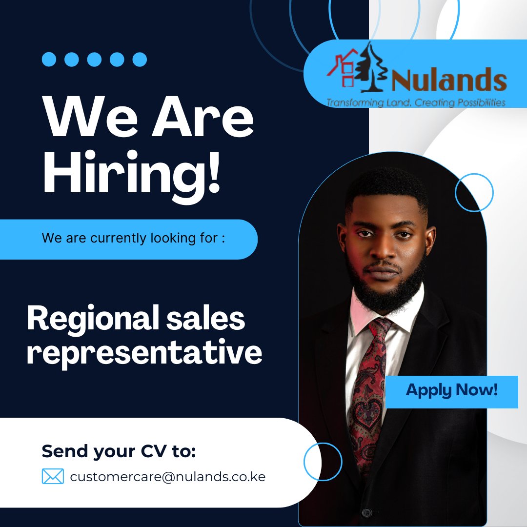 🌟 Join us at @NulandsKE as a Regional Sales Representative in Juja! 🌟 If you're passionate about sales and career growth, contact customercare@nulands.co.ke with your resume. Let's unlock the potential of land development together! 💼🚀 #JoinOurTeam #SalesOpportunity