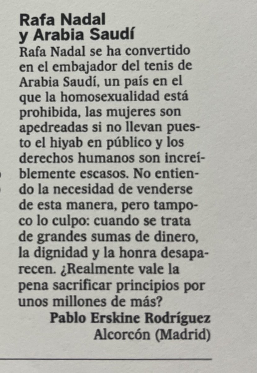 “Rafa Nadal y Arabia Saudí”

Hoy, en las cartas a la directora de El País 👇🏽