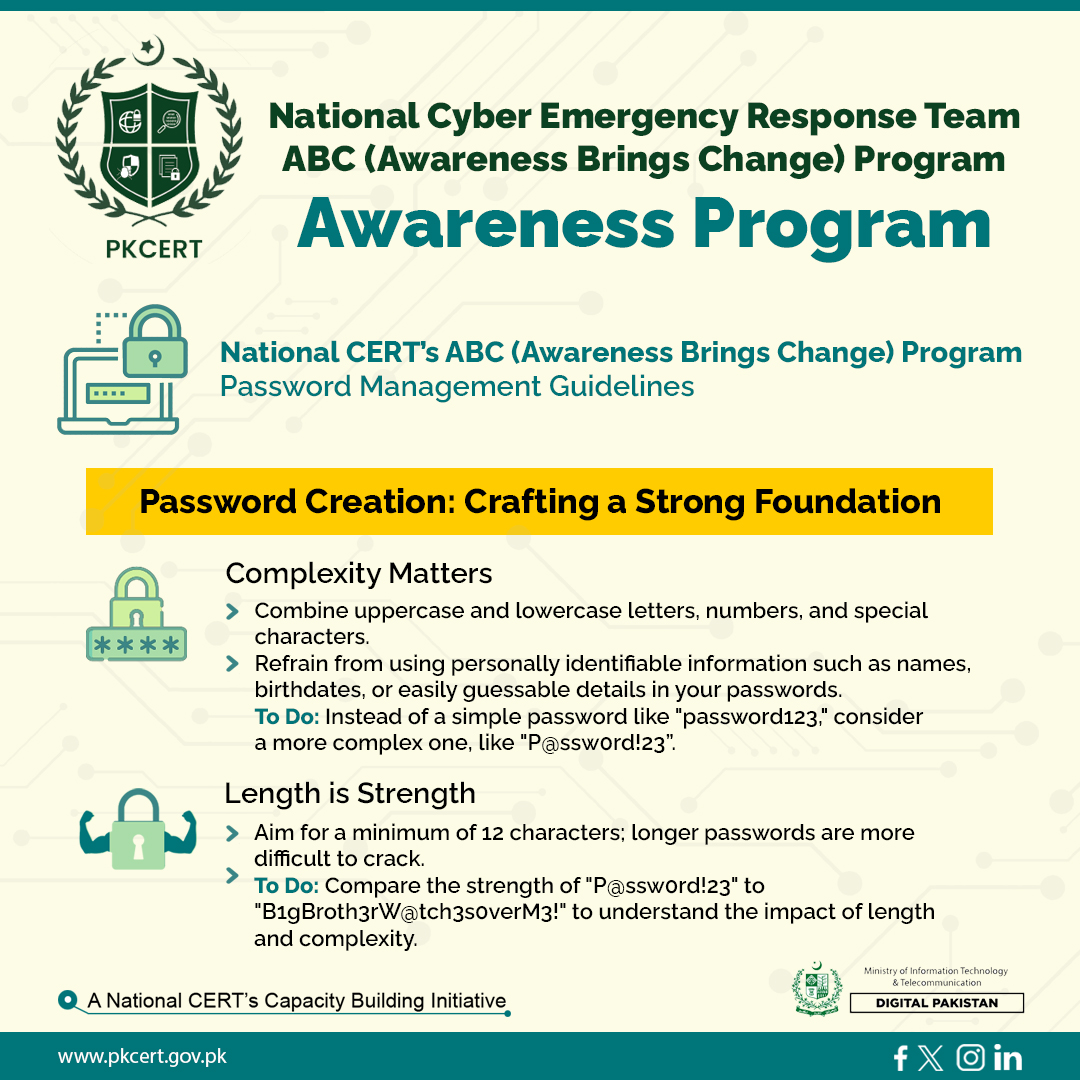 PKCERT_official's tweet image. Strengthen your digital defenses with our ABC Program! Foundation 1: Password Management – Part A shares Best Practices for creating robust passwords.  Join us in building a secure online environment!
#NationalCERT #DigitalSecurity #ABCProgram #CyberAwareness #PasswordSecurity