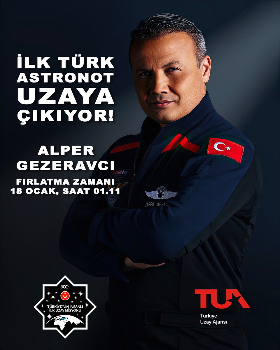 🇹🇷🚀🧑‍🚀 Türkiye’nin insanlı ilk uzay misyonu için geri sayım başladı. Uzay yolcumuz Alper Gezeravcı’ya tarihi görevinde başarılar dileriz. 
・・・
🚀 Fırlatma Zamanı: 18 Ocak, Saat 01.11 (TSİ)