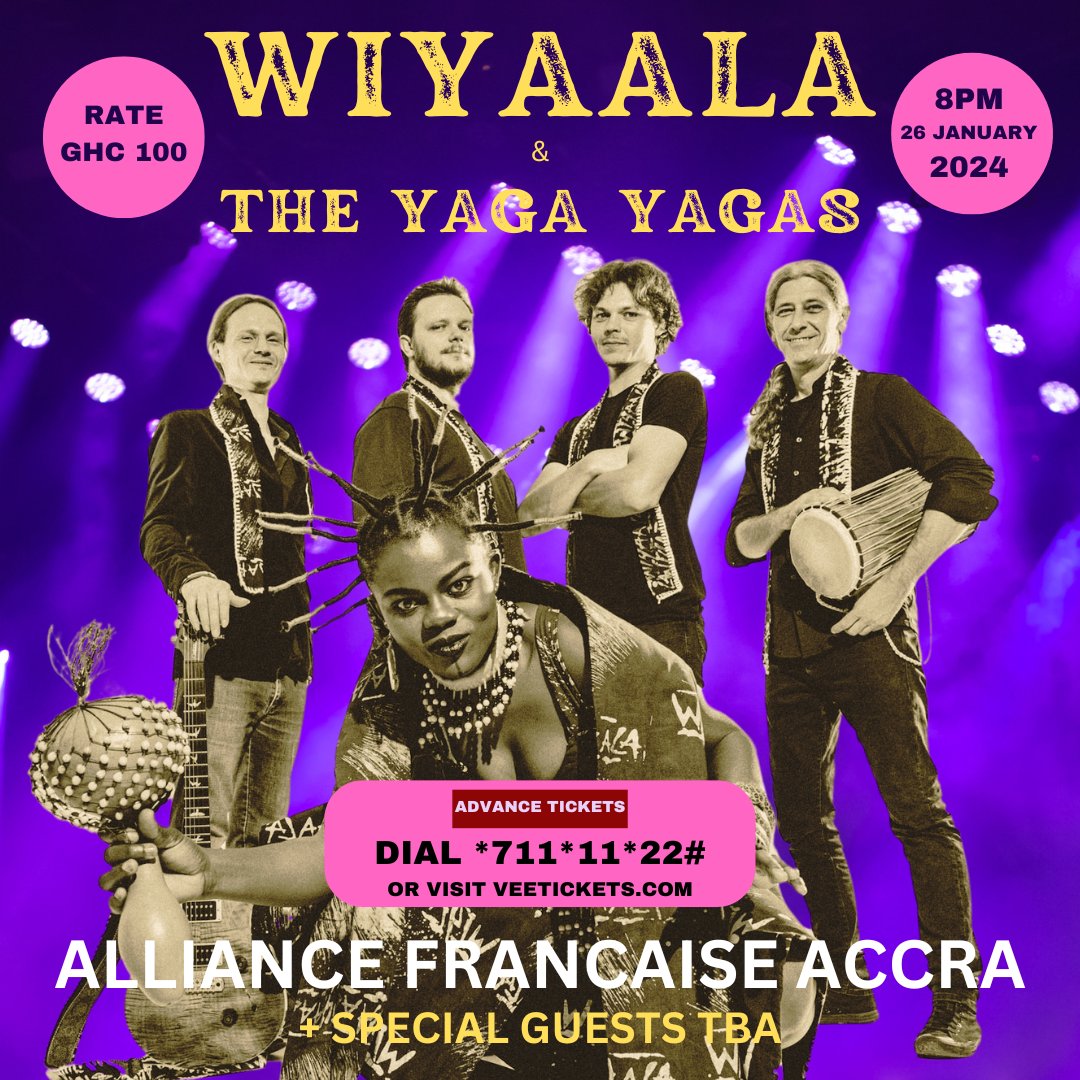 Wiyaala's tweet photo. It's 5 years since I last performed a full concert in Accra. Happy to be back as Wiyaala &amp; The Yaga Yagas to entertain my Accra fans. 
8 pm 26 January -  Alliance Francaise @Af_Accra 🦁 #Roarr
GHC 100   Dial *711*11*22# for tickets or visit  https://t.co/9ExEjqSK1B https://t.co/Qhz8cYCCSq