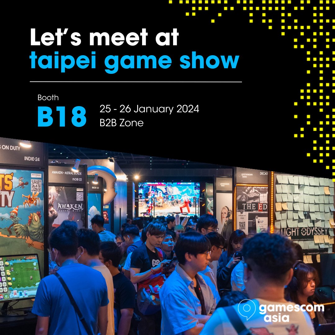 Let's hang out at Taipei Game Show next week! Let's meet if you're interested in discovering what's in store for gamescom asia 2024 this October! You'll find us at booth B18 within the B2B Zone or slot in a meeting with us on the networking platform.