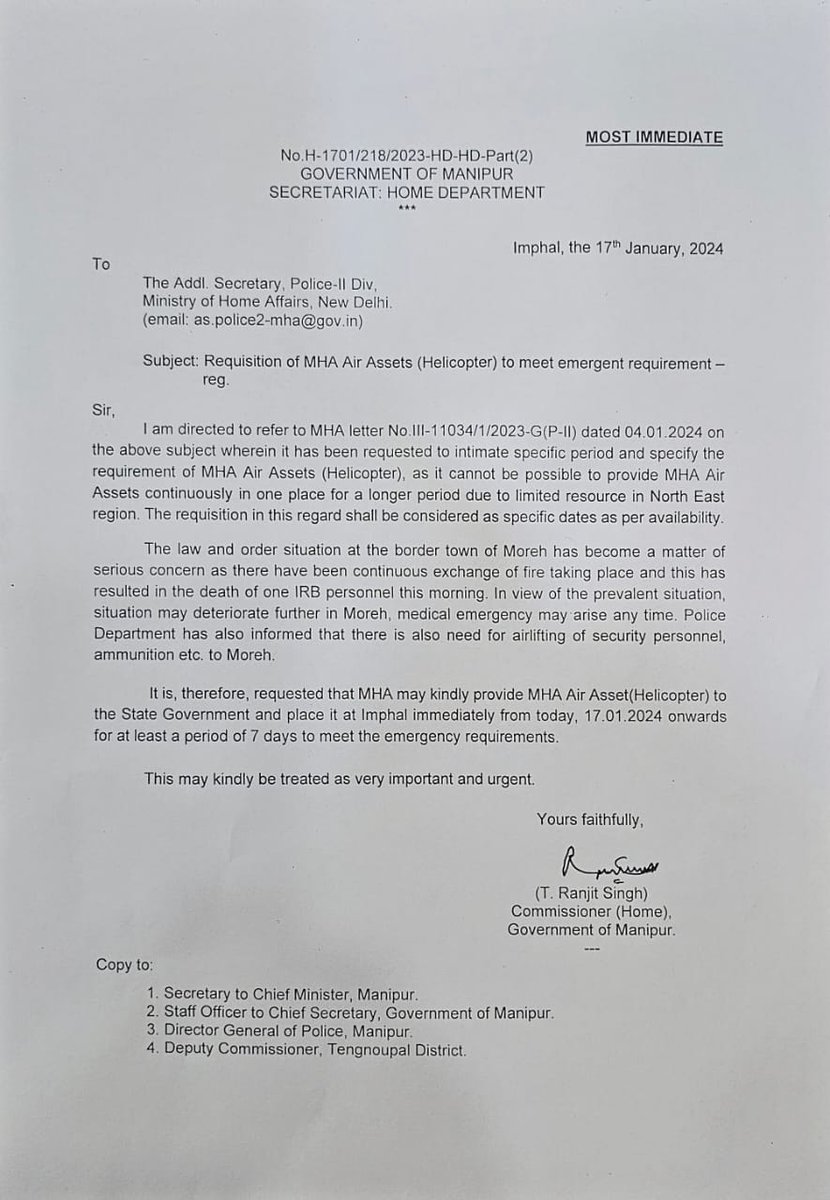 The Manipur Government's Commissioner (Home) issued a request letter to the MHA requesting air assets (helicopter) to control the border town of Moreh, however as of right now, the MHA has not responded.

#KukiZoNarcoTerroristXposed #AbrogateSoO #DrugsHataoBharatBachao