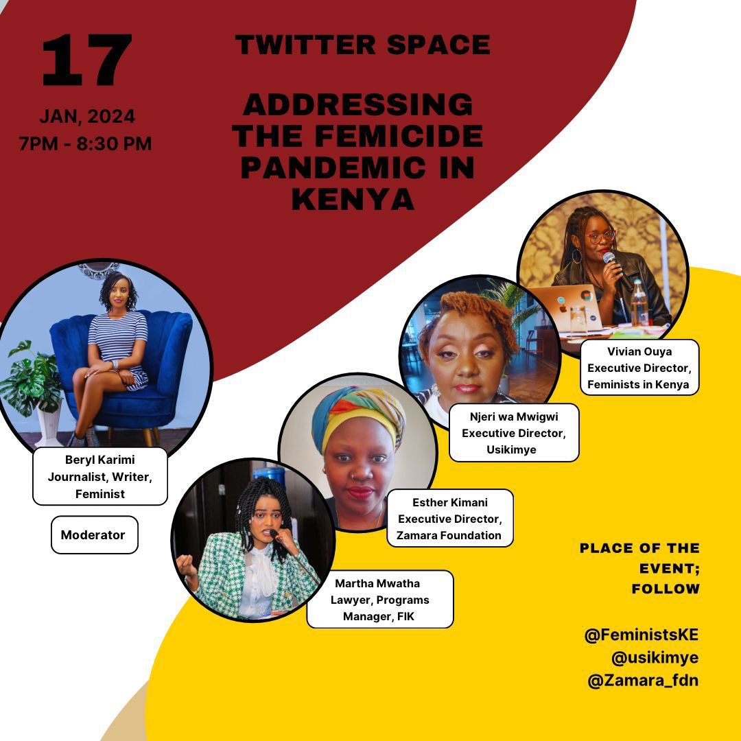 As we gear up for the Feminist March happening on January 27, 2024, against the alarming cases of femicide, we'll be facilitating a crucial conversation on collective actions to address femicide. Join us on the @FeministsKE X space today at 7:00 pm EAT, with speakers,…