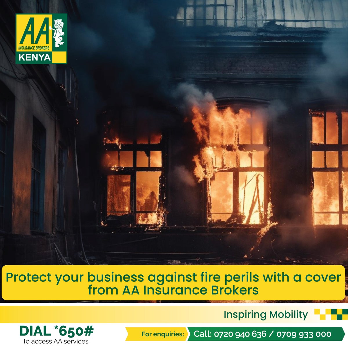 Have you insured your business against fire? AA Insurance Brokers industrial fire policy helps ensure your buildings, machinery, furniture, equipment, and stock in trade are covered. Request a free quote, call us on 0720940636/0709933000
#AAIBCares