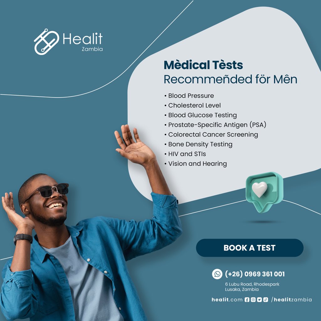 Medical tests every man should have done. These medical tests could save your life!
Schedule your appointment with us 📞 0969 361 001.

#menhealth #medicaltests #healitzambia  #healthscreening