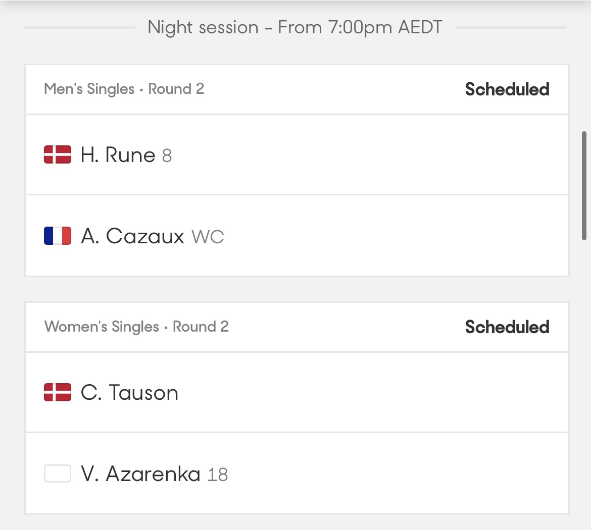Drømmeschedule for danske tennisfans i morgen ☕️🎾

Holger Rune og Clara Tauson spiller begge aftenkamp på Margaret Court Arena. 

Rune spiller fra klokken 9.00 dansk tid (19 AUS). Tauson i kamp efter Rune.