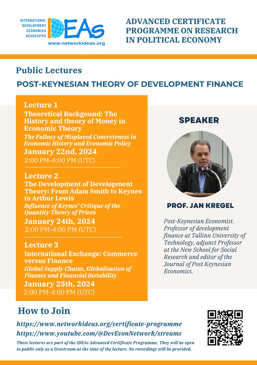 DevEconNetwork's tweet image. 📢 Announcing a Public Lecture Series by Prof. Jan Kregel on the Post-Keynesian Theory of Development Finance. 
Join us for insightful sessions on economic history, development theory, and international exchange &amp;amp; finance. 📚 bit.ly/3QWgwSU
#DevelopmentFinance