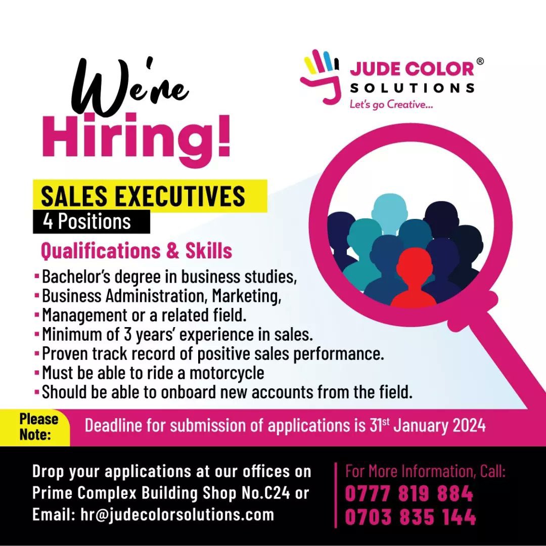 Jude color solutions <a href="/jude_color/">Jude Color Solutions</a> are looking for 2 drivers, a Camera Operator and Sales Executives.

KINDLY RETWEET FOR YOUR FRIENDS
