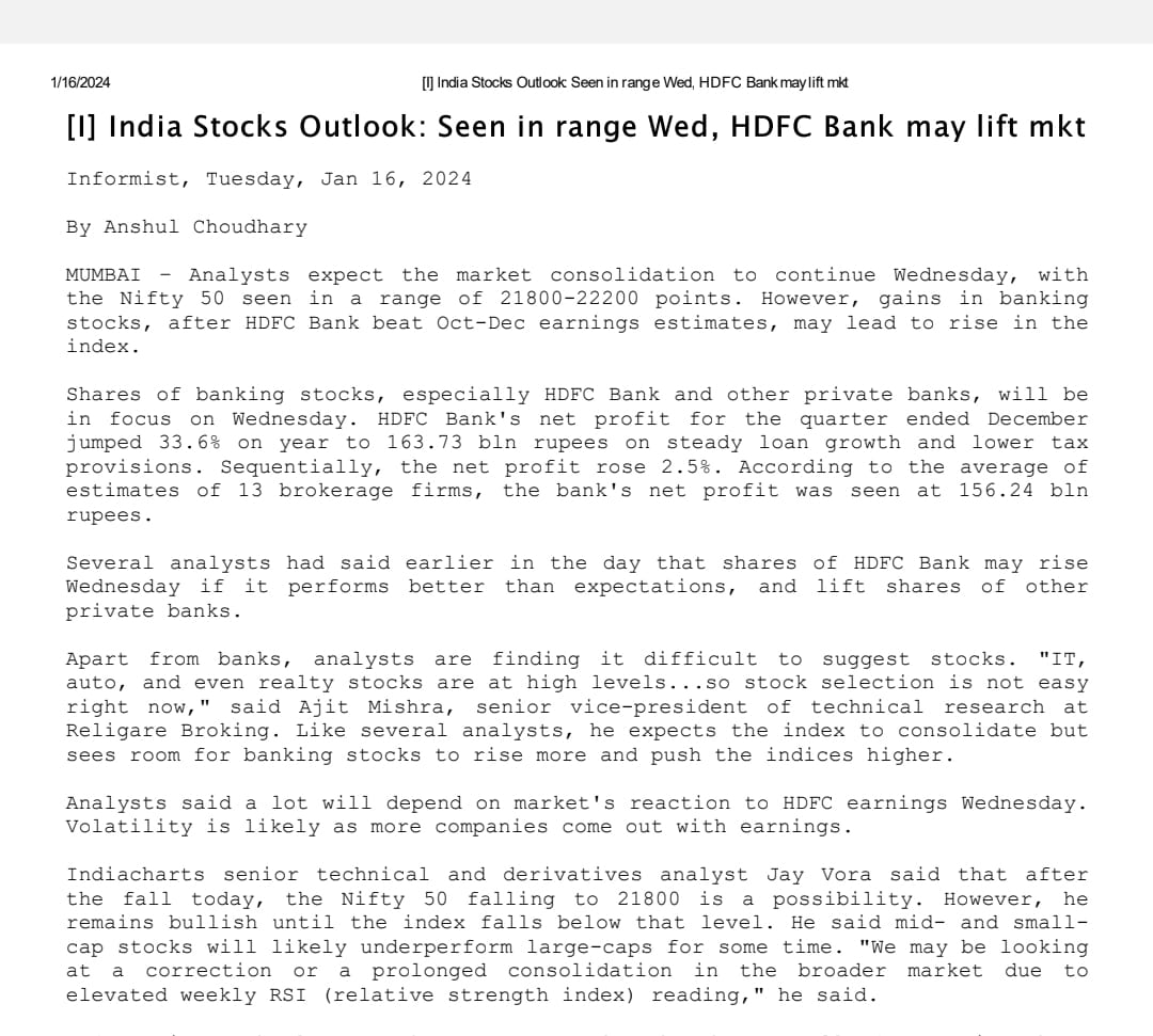 indiacharts's tweet image. India Stocks Outlook, Seen in range Wed, HDFC Bank may lift market. A snapshot of the comprehensive analysis shared by  @JayVora1992 with Informist on Tuesday, Jan 16th, 2024.

#StockMarketOutlook #IndiaStocks #HDFCBank #MarketAnalysis #FinancialNews #StocksUpdate