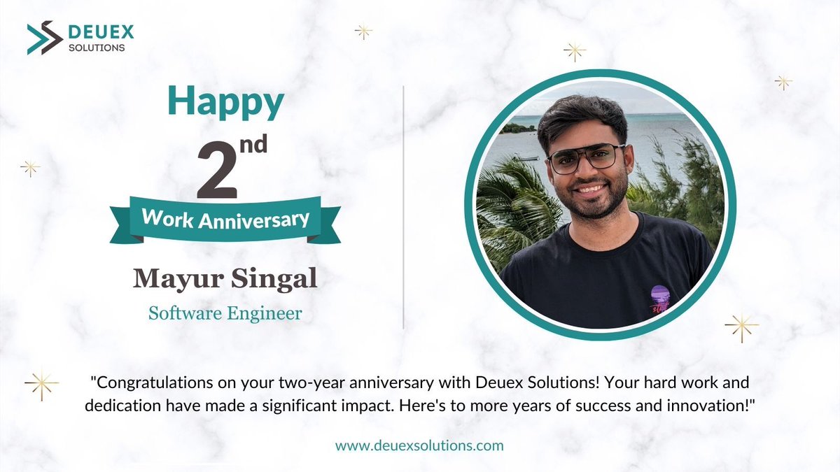 🎉 Celebrating 2 incredible years of Python mastery at Deuex Solutions!
Congratulations to Mayur Singal for two years of dedication, innovation, and endless lines of code.  Here's to many more milestones ahead!
.
.
#WorkAnniversary #2yearanniversary #python #pythondeveloper