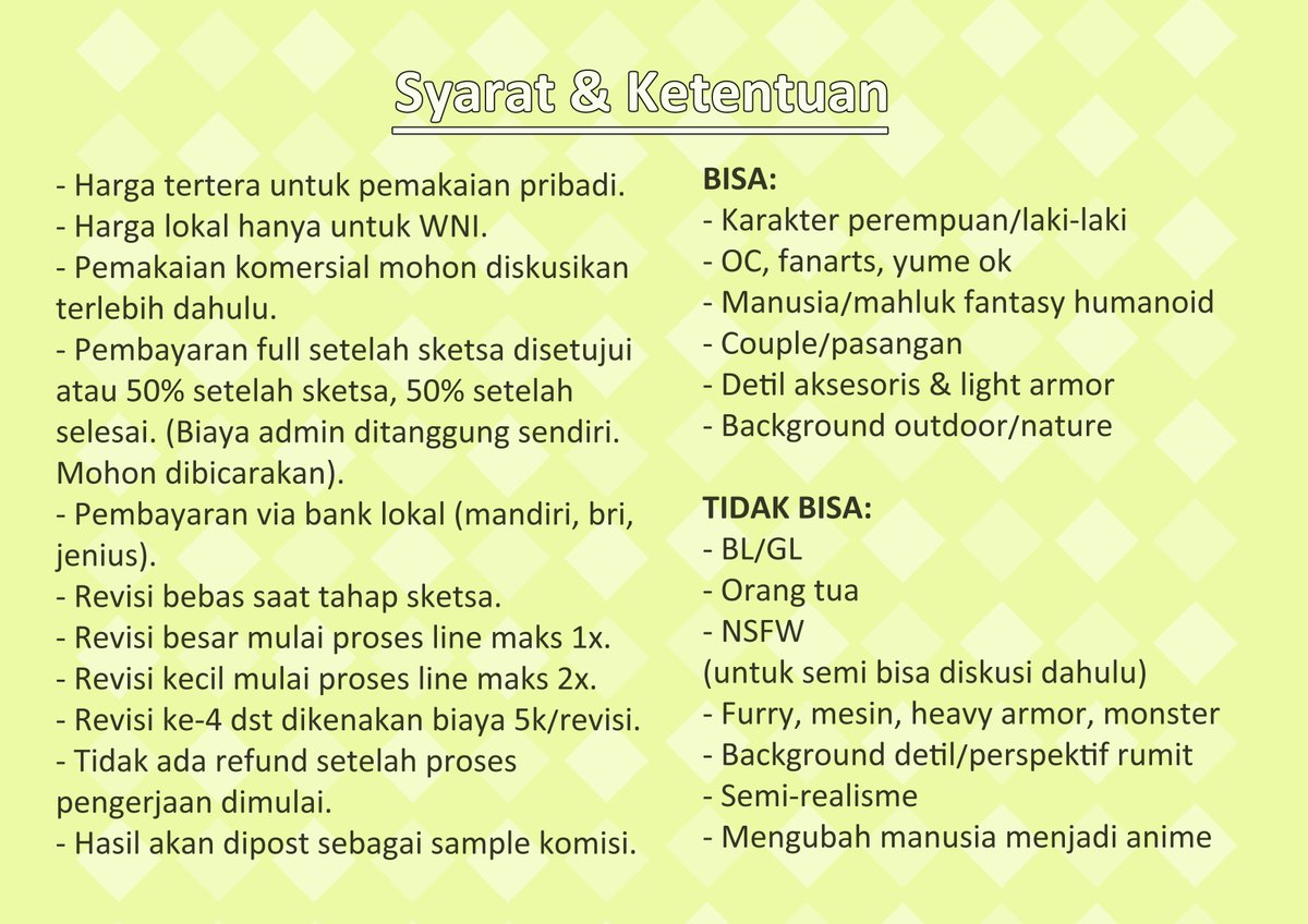Halo! aku buka commission untuk lokal dengan style seperti ini nih~

Mohon dibaca dulu syarat dan ketentuannya ya. Yang tertarik atau ada pertanyaan boleh DM langsung :D

RT dan likes sangat diapresiasi 💖💖 Terima kasih!

#commissionopen #commission