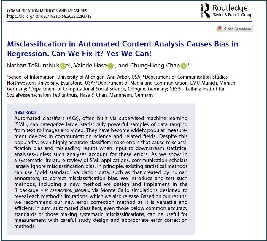 Interested in Understanding & Addressing Bias in #CSS? ✨New paper out in Communication Methods & Measures: „Misclassification in Automated Content Analysis Causes Bias in Regression. Can We Fix It? Yes, We Can.“ (with @groceryheist & @chainsawriot ) 👉doi.org/10.1080/193124…