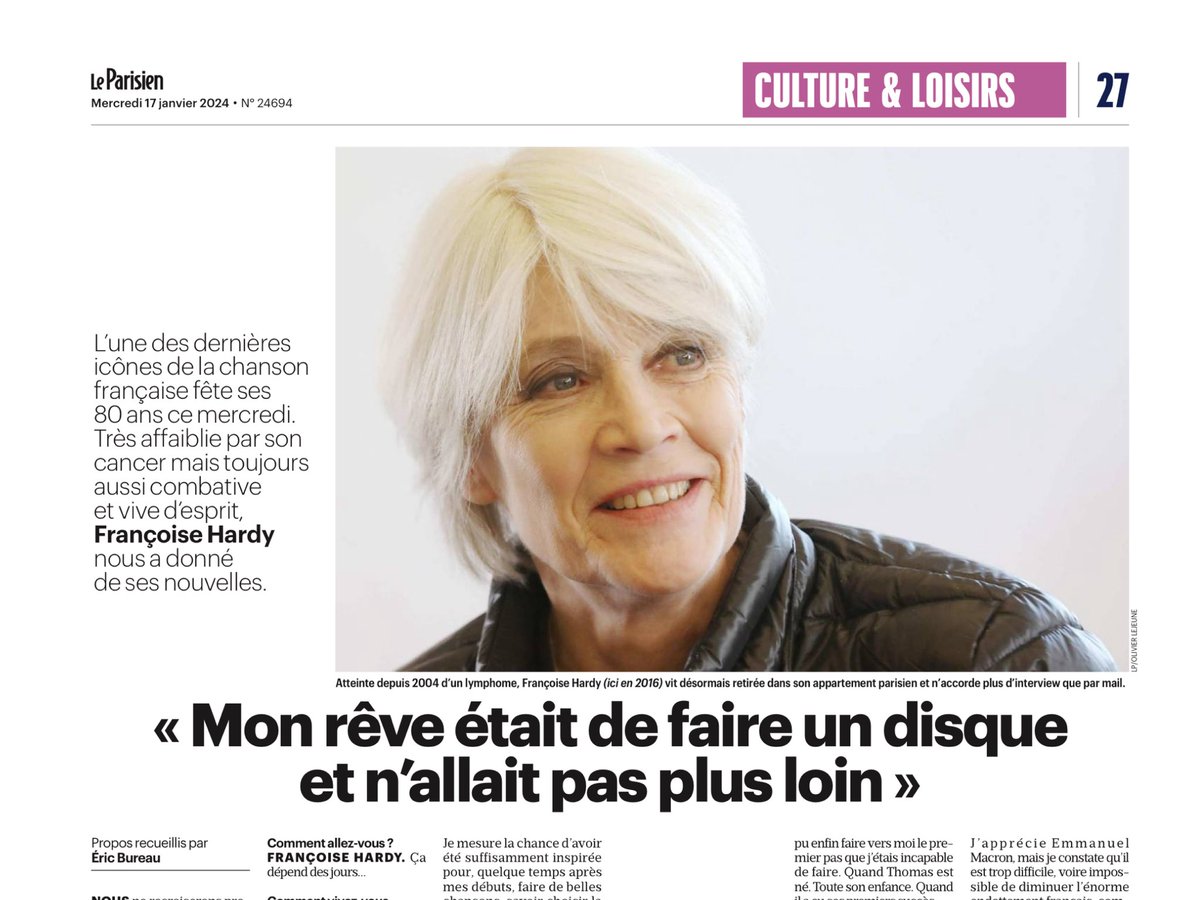 Magnifique interview de Françoise Hardy, pour ses 80 ans, par @Eric_Bureau à lire aujourd’hui dans le @le_Parisien. Éric lui parle de la future soirée qui lui est dédiée, @HyperWeekendF avec son fils Thomas, Clara Luciani, November Ultra… Et sa réponse est touchante @DVarrod