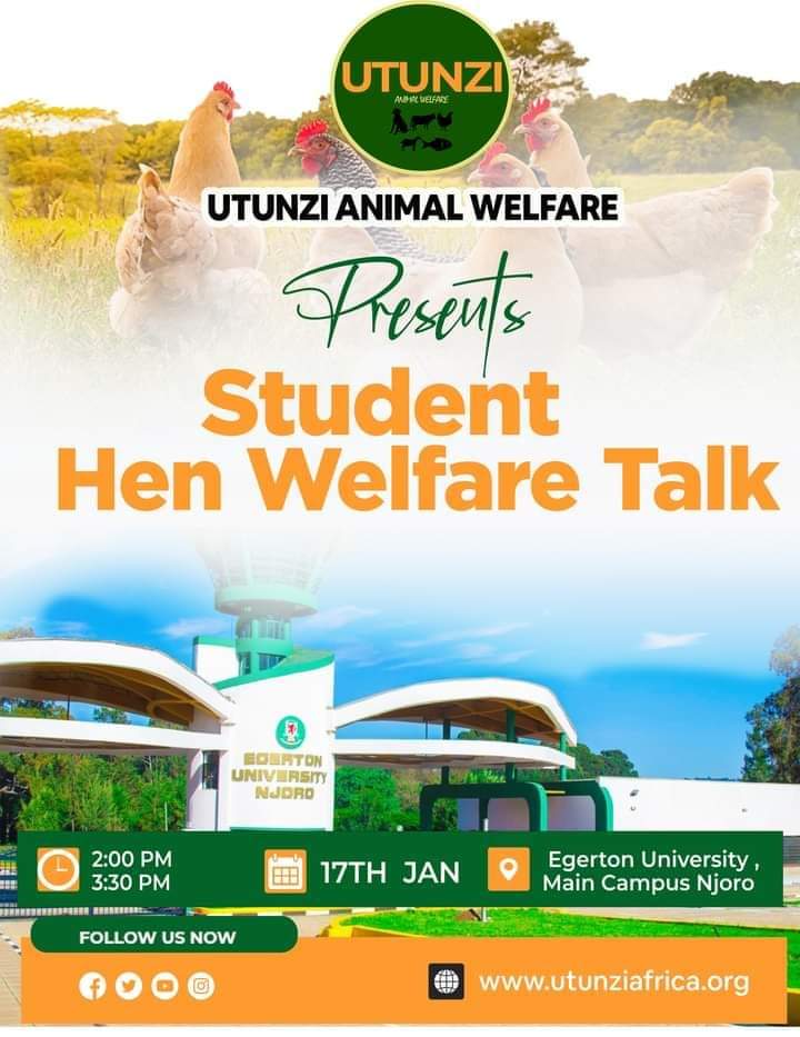 Come one Come all,

Your voices matter, and we invite you to join us for today's event, it will be an open discussion, sharing ideas, and collectively working towards improving the lives of layer hens kept in cages.

#utunzianimalwelfare #Utunzistudentstalk
#Egertonuniversity.