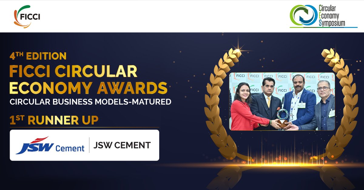 QF_FICCI's tweet photo. Thrilled to announce the 1st Runner-Up of the Circular Business Models-Matured category at the 4th edition of the FICCI Circular Economy Awards is @JSWCement  
Their commitment to sustainable practices is truly commendable.

Visit https://t.co/FFYRY1hGVs

#FICCI #CES2024 #Vision https://t.co/MMmFDUbpl7