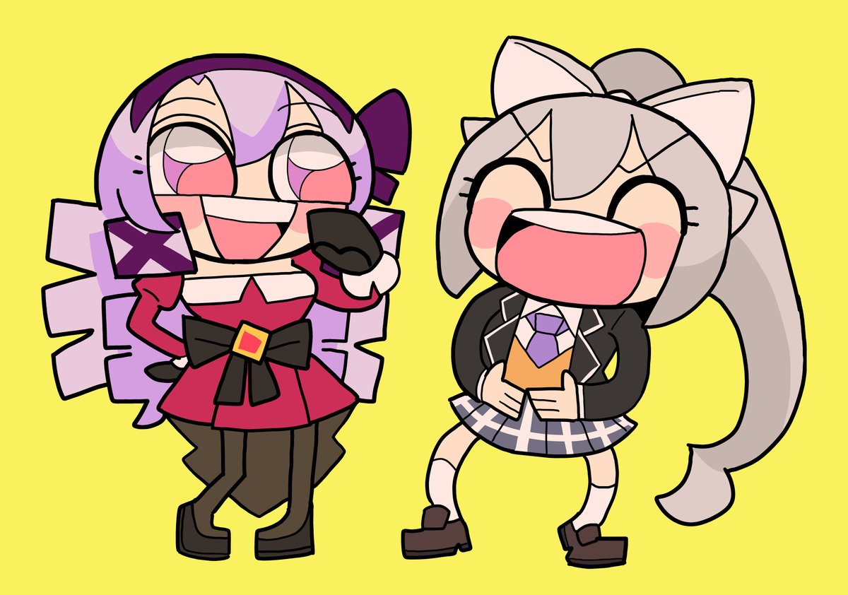 higuchi kaede ,hyakumantenbara salome 2girls multiple girls jacket grey hair skirt plaid skirt yellow background  illustration images