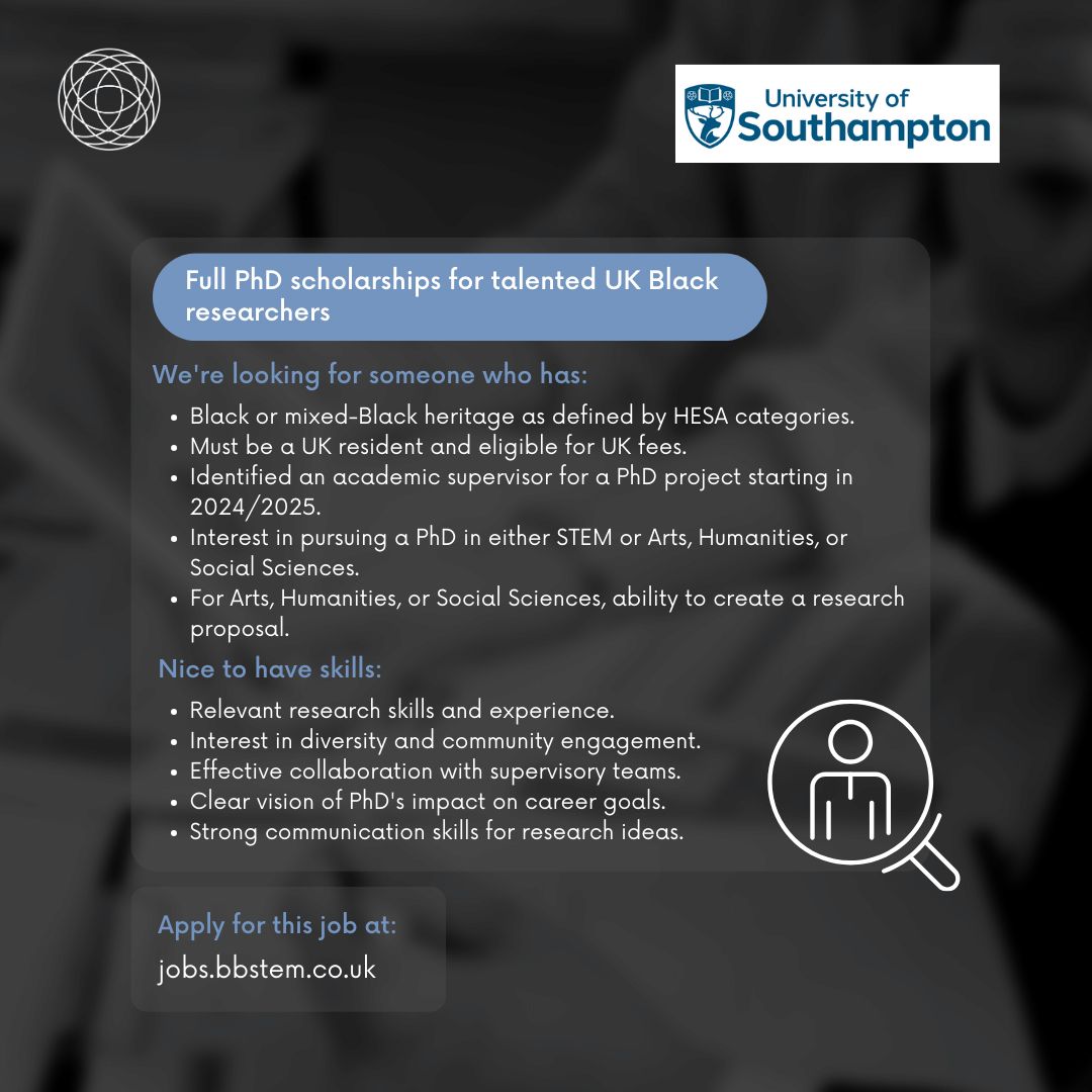 #PhDScholarships at Southampton Uni! #BlackFutures: £20k p.a., full fees, £1k support for UK Black researchers. Apply by 23 Feb 2024! #DiversityInAcademia #BlackInSTEM
More info: buff.ly/3tiQ5x5
