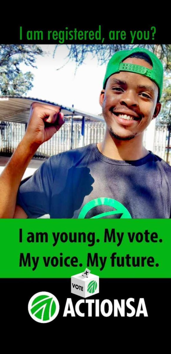 I am registered to vote, are you? 

I am young,my Vote, my Voice, my Future.

Register to #FixSouthAfrica  #2024IsOur1994 #ActionSA #VoteActionSA