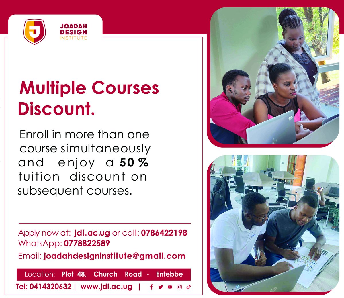 At Joadah Design Institute when you enroll for multiple courses simultaneously, we offer you a 50% tuition discount on subsequent courses.
