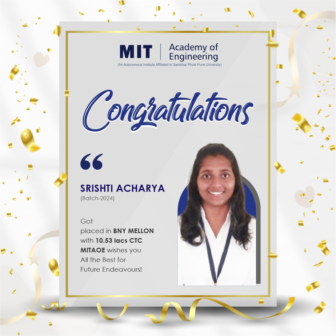 MITAOE's tweet photo. Congratulations Shrishti Acharya Student who was Placed in BNY MELLON With a package of 10.53 LPA.
We congratulate her and wish all the best for future endeavours.
#Placement #package #recruitment #engineering #EngineeringPlacements #jobs #mitaoe #jobopportunity #placed https://t.co/nudbS1LZe2