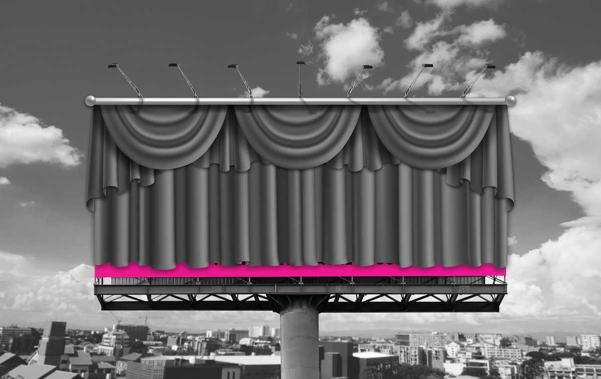 A black and white image of a billboard with a curtain drawn over it. Beneath the curtain there is a sliver of bright pink, which is the only colour.