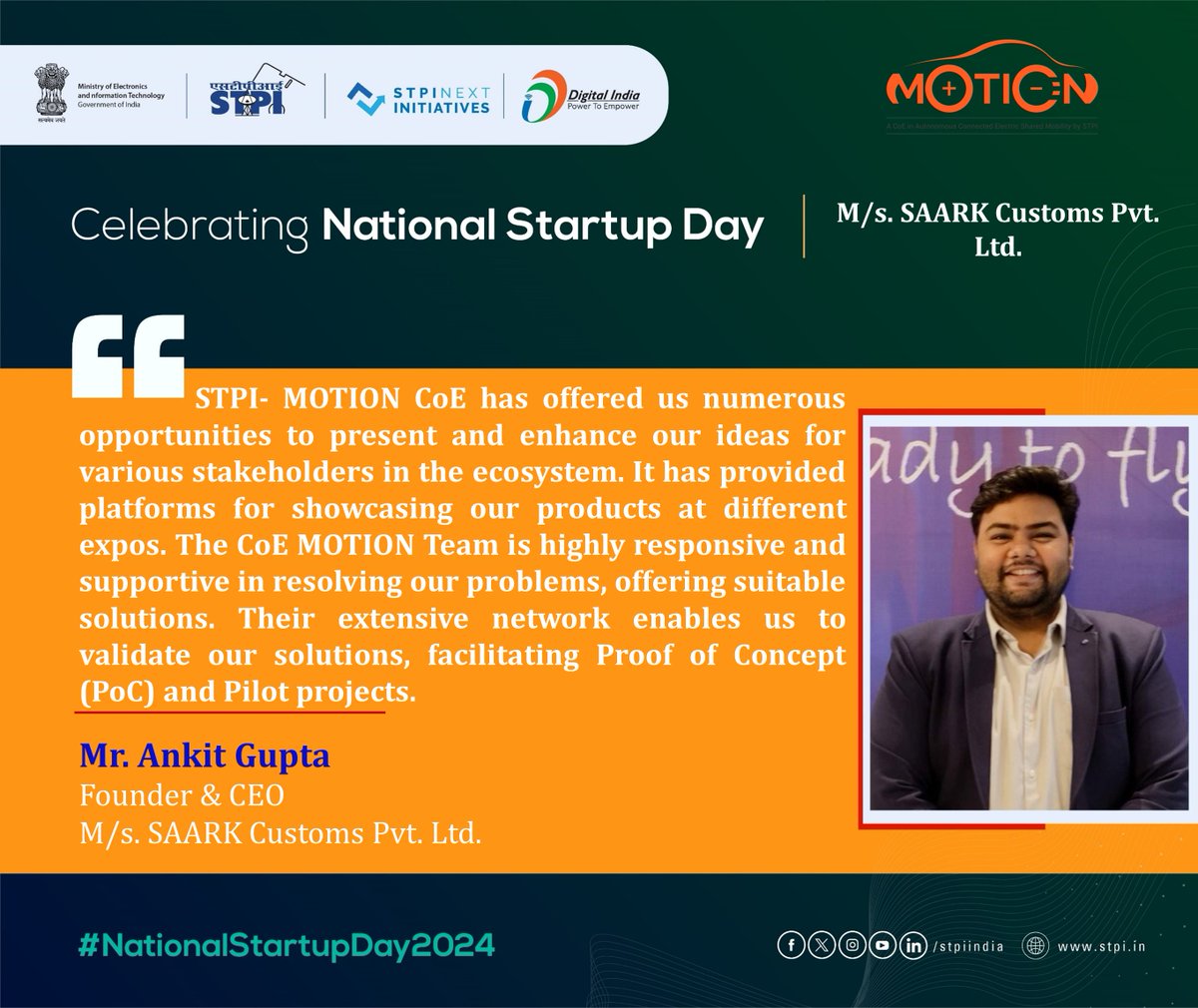 Testimony from #Startup M/s. SAARK Customs Pvt. Ltd., incubated at #STPIMOTION CoE #NationalStartupDay2024 #TheNextWave #STPIStartupEcosystem @Rajeev_GoI @GoI_MeitY @arvindtw