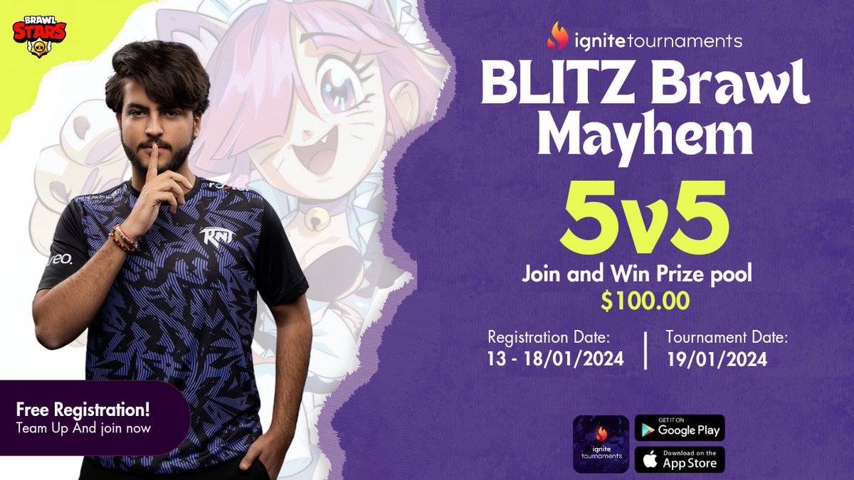 🚨 Don't miss out on the action! ⏰ Only 2 days left to register for the Blitz Brawl Mayhem tournament in partnership with Ignite Tournaments! 💰 $100 Prize Pool. 🗓️ January 19th, 2024.

 Secure your spot now: IgniteTournaments.io/Download Let the countdown begin! 🎮✨

#BrawlStars