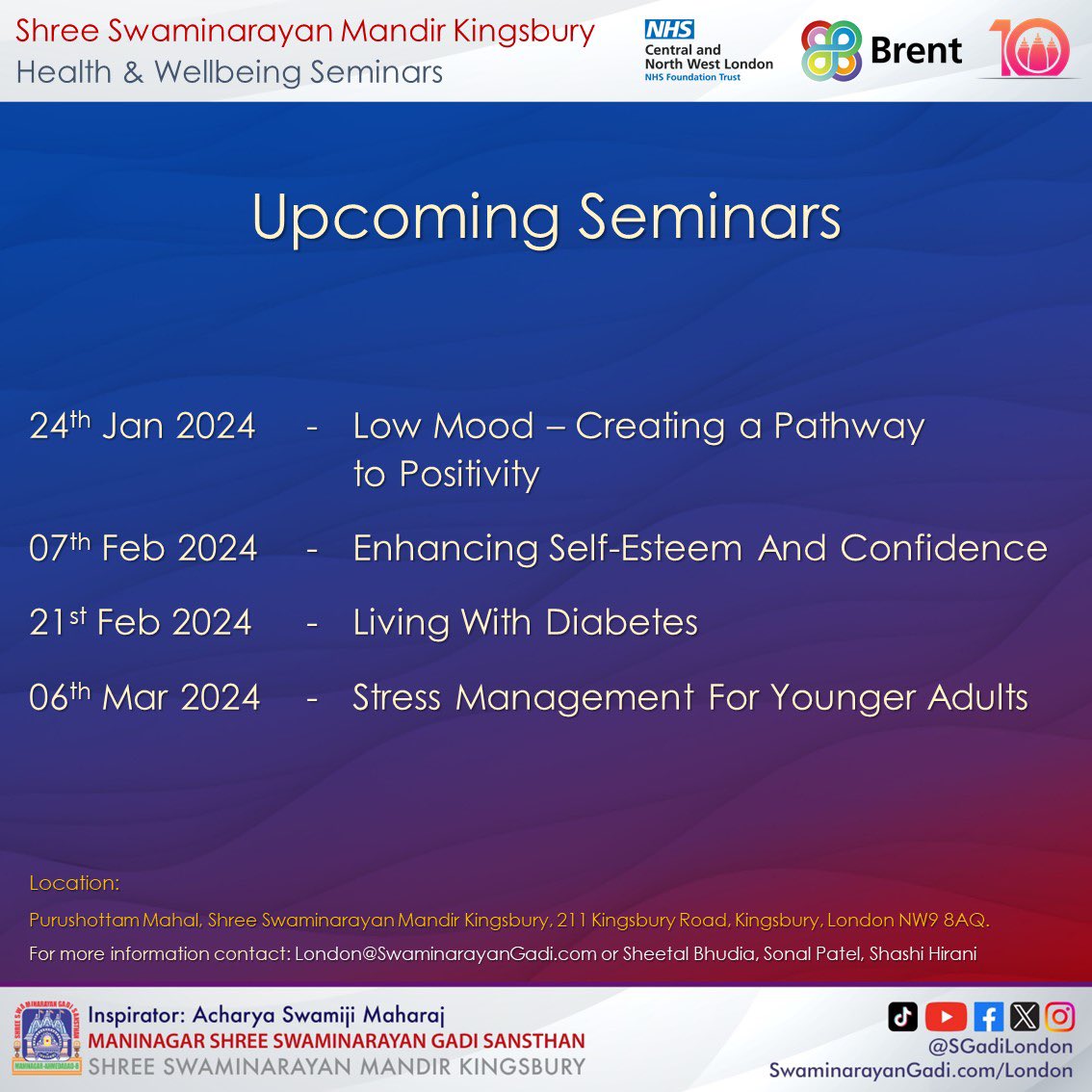 SGadiLondon's tweet photo. Join this informative seminar on Wednesday 24th January from 6:30-7:30pm which will help you understand what low mood is and equip you with practical tips on how to manage and seek help about low mood.

@CNWLNHS @Brent_Council 

#KingsburyMandir10

#MentalHealth #Wellbeing #Mood https://t.co/f7l6zQoCEf