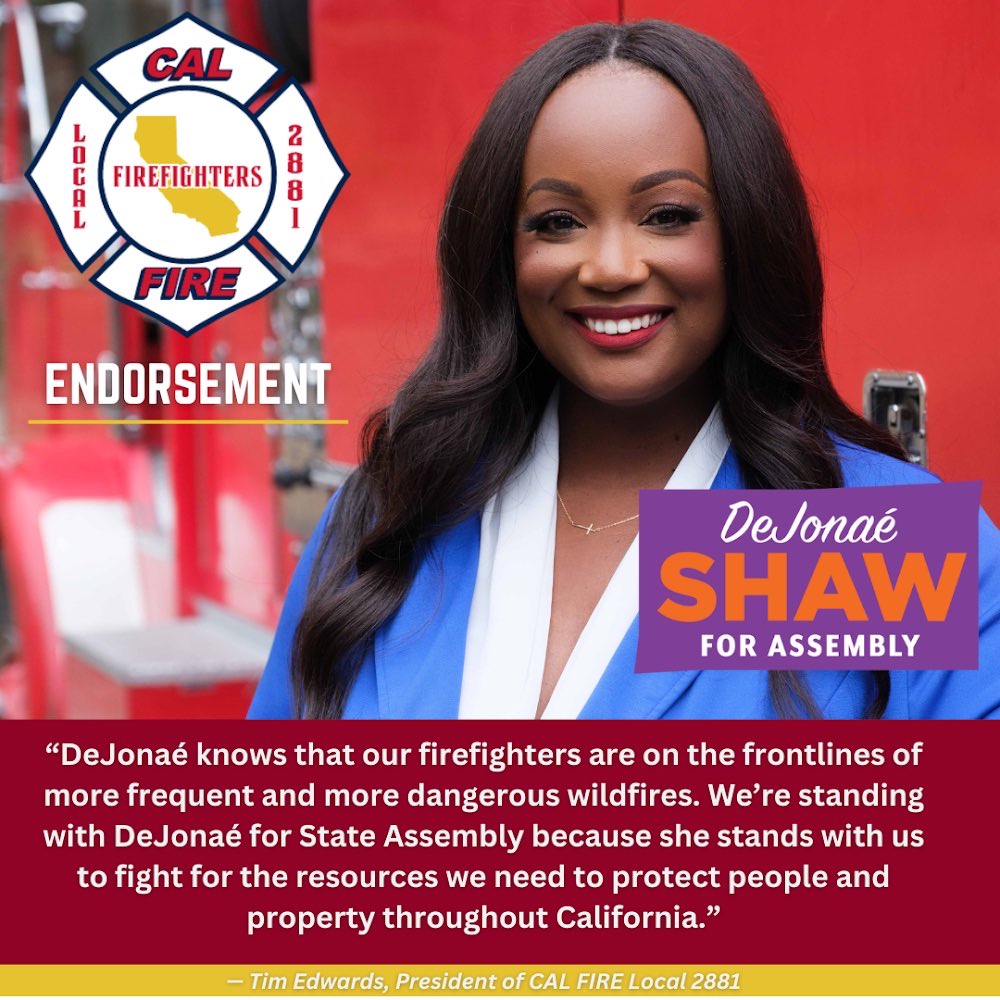 I’m incredibly grateful to have received the sole endorsement of #CalFire it’s an honor to continue to receive support from organizations that represent the hardworking people of our communities. #ShawForAssembly #TogetherWeCan #CommittedToCommunity 🚒🧯