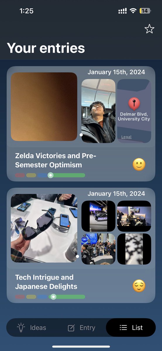 MakeAWishZXY's tweet photo. Update on the recent progress of Airy! 

1. Completed core loop(Transcription -> Activity Suggestions -> GPT Summarization -> CLIP Image Matching -> Complete Entry)

2.Completed basic UI for all pages

3.Beginning weekly review features

Below are some more details! https://t.co/fXKNEKyjJ2