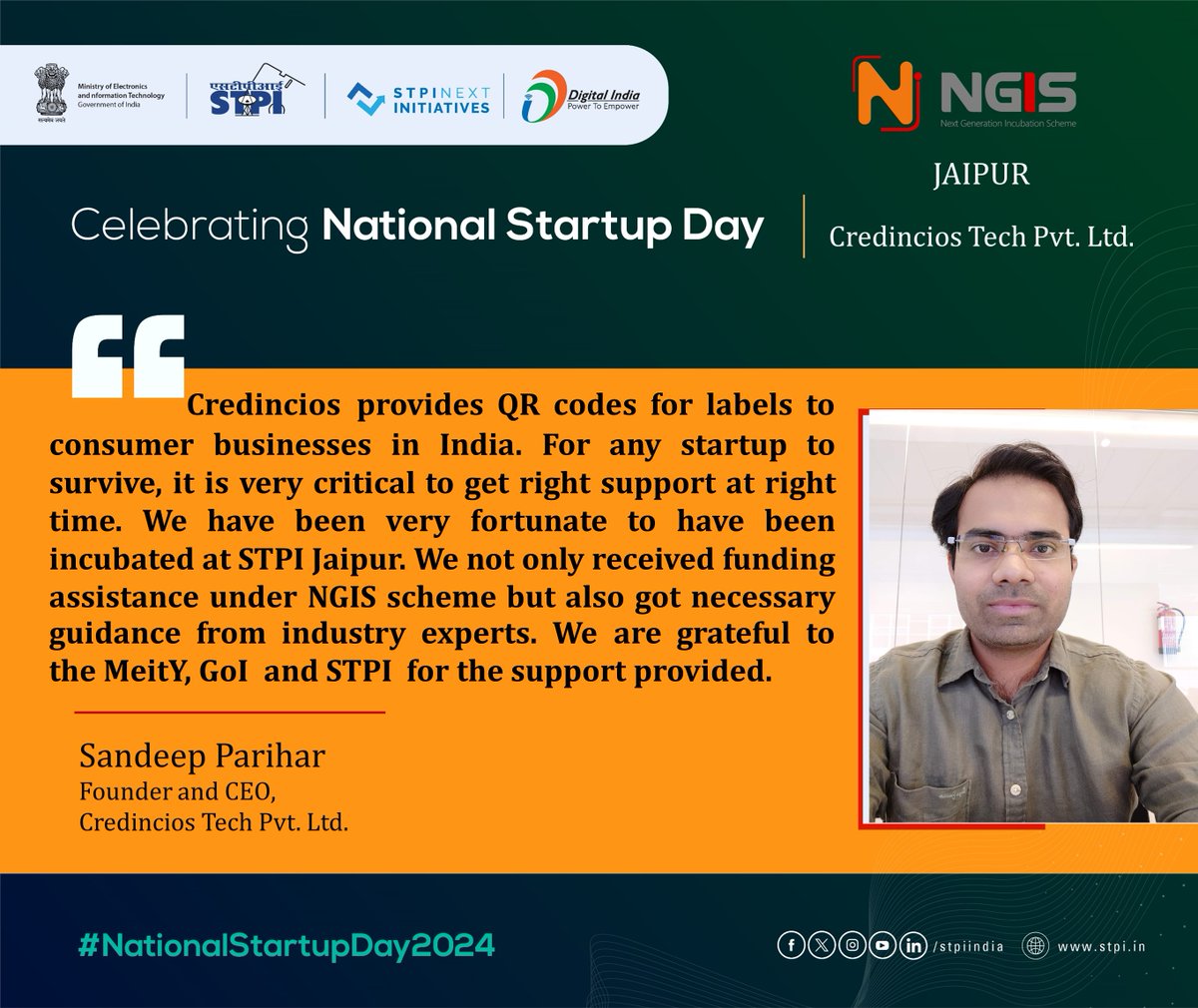 StpiJpr's tweet image. Sh. Sandeep Parihar, Founder and CEO, Credincios Tech Pvt. Ltd. expressed his gratitude to @GoI_MeitY,
@MSH_MeitY and @stpiindia for supporting their entrepreneurship journey.  #NationalStartupDay2024 #STPIStartupEcosystem #TheNextWave
@_DigitalIndia @arvindtw @purnmoon