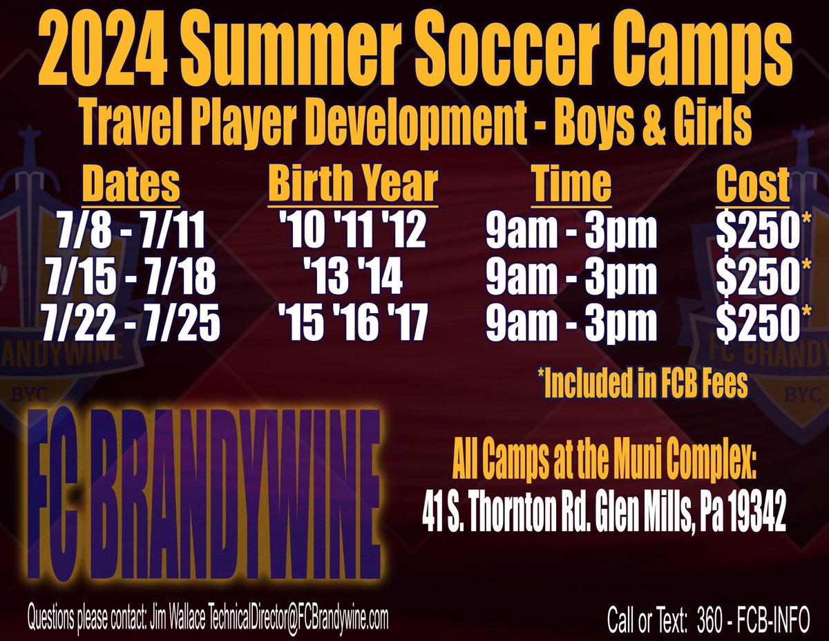 Our Summer Camps Dates for 2024 have been announced! These camps are for both FCB players and players from outside the club. FCB players will have these camps included as part of their Player Development Fee for the upcoming soccer season in 2024/25.
