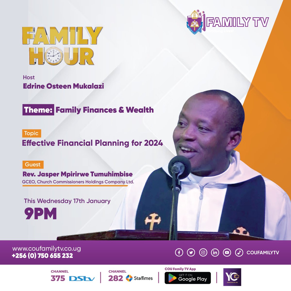 Today Wednesday 17th Feb at 9PM on #FamilyHour, Rev. @jaspermt and @EdrineMukalazi will discuss effective financial planning for 2024. Tune in and listen for in-depth discussions about financial resiliency and the potential of smart planning. #familyhour #enrichinglives #finance