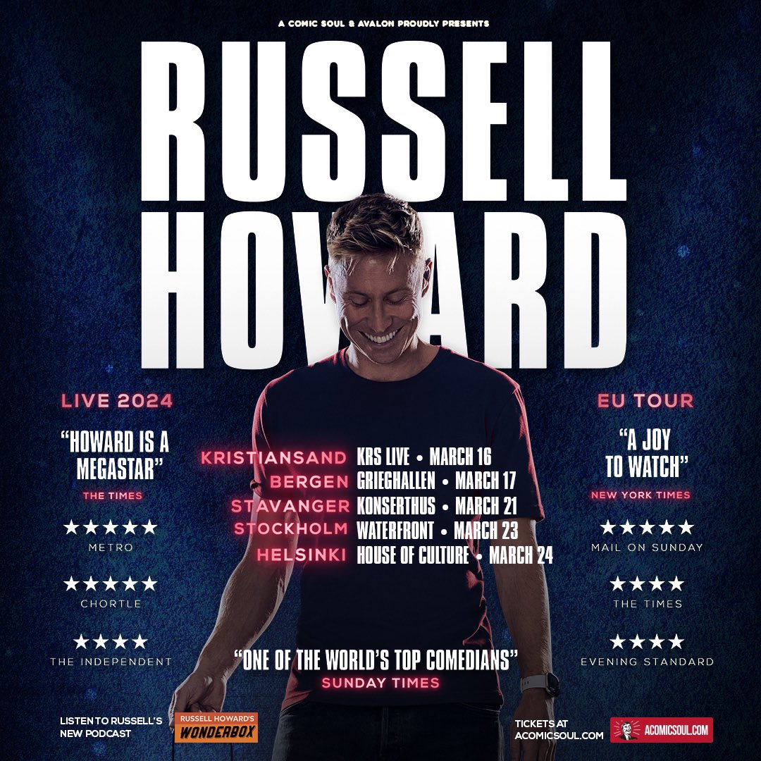 I’m taking my brand new stand up tour to Europe! 🎉 Pre-sale for these dates starts tomorrow via my website, can’t wait to see you there! 🎟️: russell-howard.co.uk