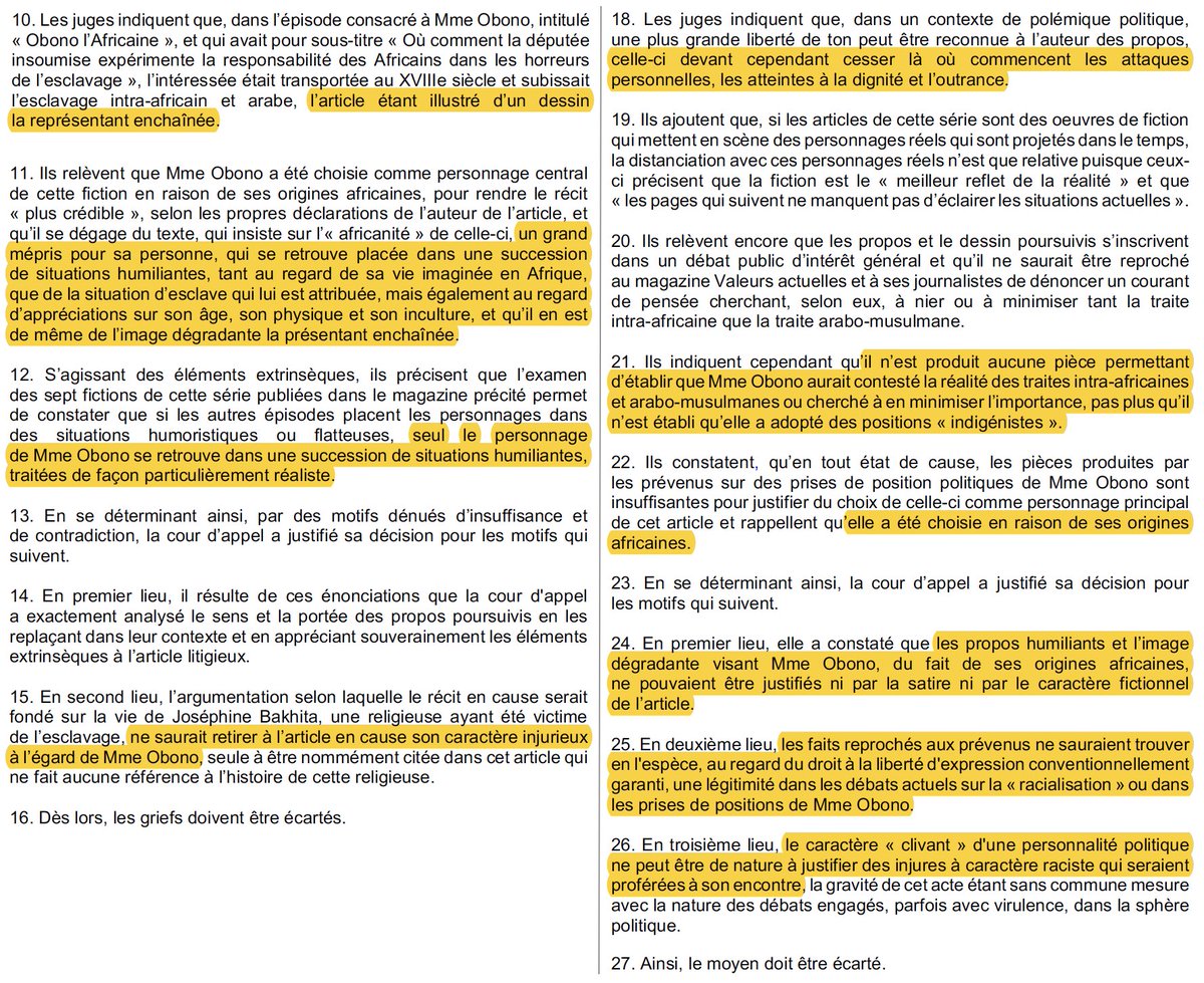 N_Hervieu's tweet photo. Injures racistes : La @Courdecassation confirme la condamnation de journalistes de @Valeurs pour injures racistes envers la @Deputee_Obono.

Dans un article intitulé « Obono l’Africaine », la députée avait été représentée en esclave enchaînée.

[Crim. 16 janv. 2024, n° 22-87.475] https://t.co/vbvw9PO1yr