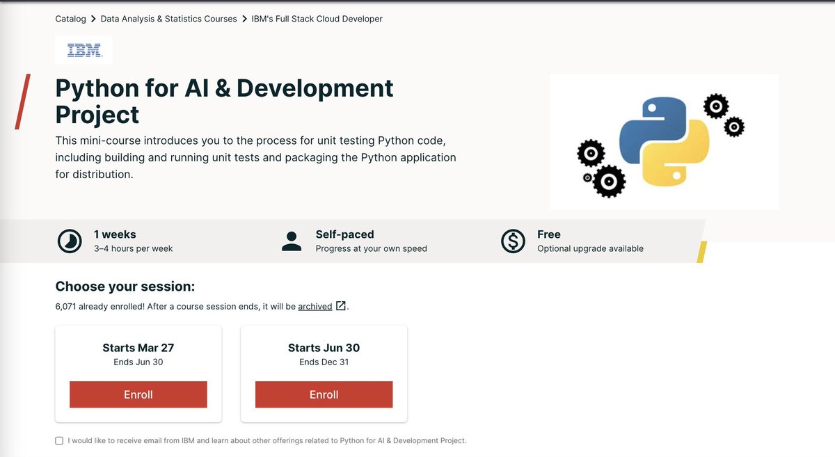 IBM is offering Python for AI course for FREE!  

You will get AI hands on along with project development. 

This course available for Free on <a href="/edXOnline/">edX</a> 

Grab this opportunity to learn Python and take your career to the next level.

Course link 🧵👇