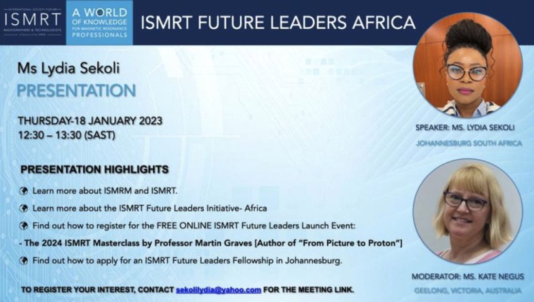 Shawna_Far's tweet photo. Looking forward to Lydia Sekoli's presentation which will start the launch of the #ISMRTFutureLeaders program in #Johannesburg ! 

Lydia is currently scanning babies with NESHIE (Neonatal Encephalopathy with Hypoxic Ischaemic Encephalopathy) using the 0.64T @Hyperfine system! https://t.co/n4EiYo4bBw