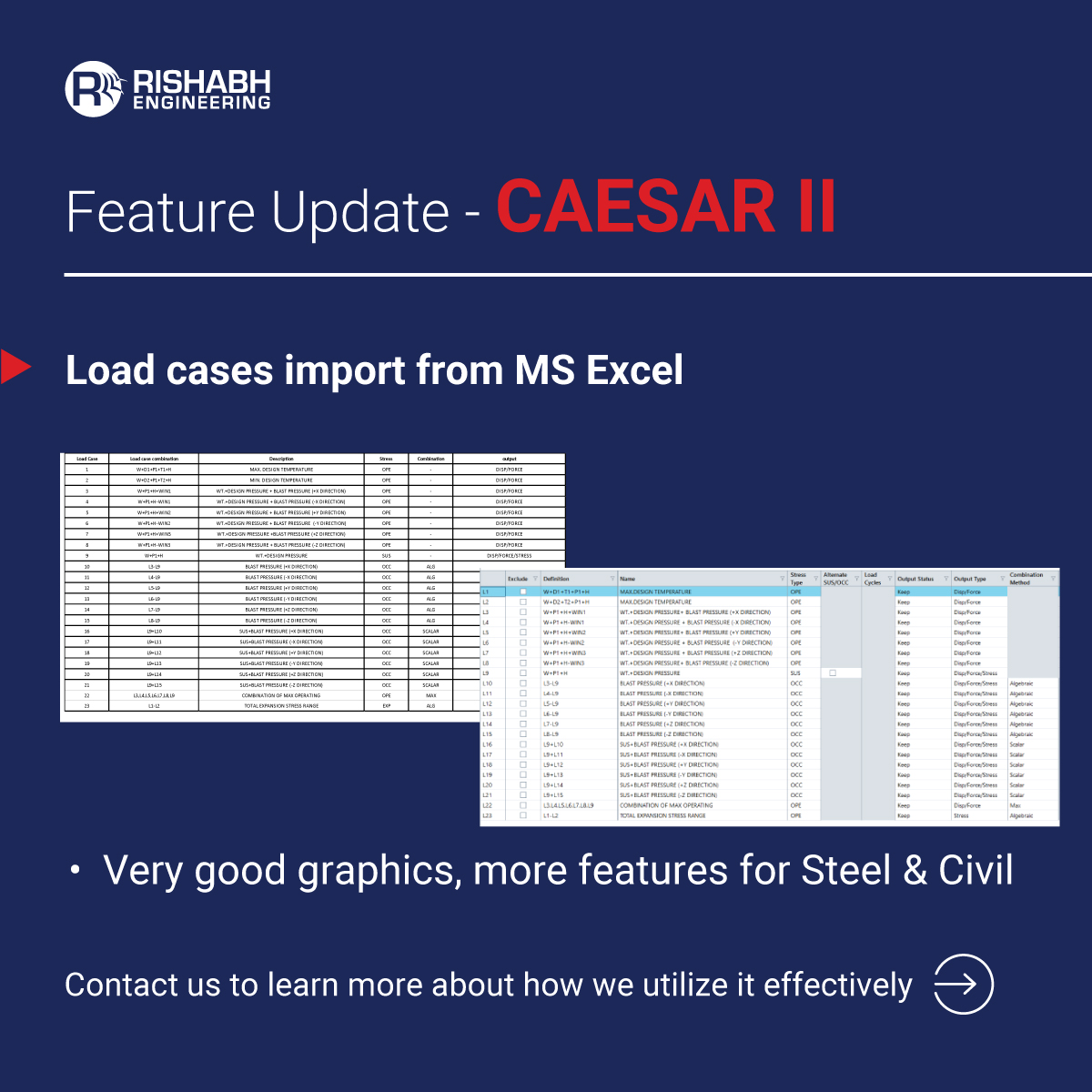 RishabhEng's tweet image. Feature Update - CAESAR II

Load cases import from MS Excel 
1) Very good graphics, More features for Steel &amp;amp; Civil

Contact us to learn more about how we utilize it effectively. #CAESARII #EngineeringUpgrade #InnovationInSteelAndCivil