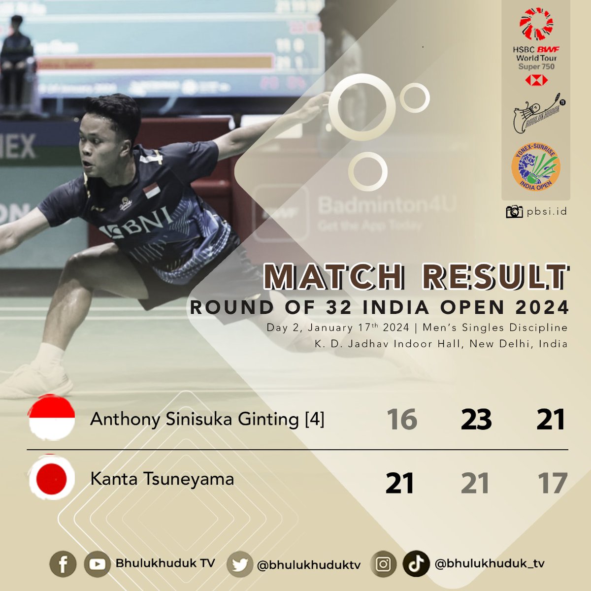 bhulukhuduktv's tweet photo. YONEX SUNRISE India Open 2024

Round Of 32 - MS

Anthony Sinisuka GINTING [4] 🇮🇩 vs Kanta TSUNEYAMA 🇯🇵

16-21 23-21 21-17 WIN

Yess Ginting Berhasil Revans dan Lolos Babak 16 Besar

#IndiaOpen2024
#IndiaOpenSuper750
#BWFWorldTourSuper
#BhulukhudukTV https://t.co/eP9mrAbvhg