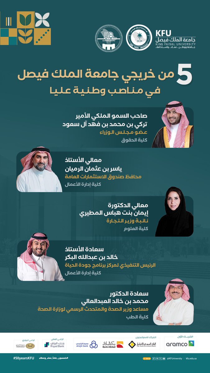 في كل عام تزف  #جامعة_الملك_فيصل آلاف الخريجين في تخصصات نوعية منافسة.
نعتز ونفخر بخريجين تقلدوا مناصب وطنية عليا ليضعوا بصمتهم الفريدة في خدمة الوطن، قادة يمثلون فخرنا وتفوقنا. 

#خمسون_عاماً_نماء_وعطاء
#50yearsKFU