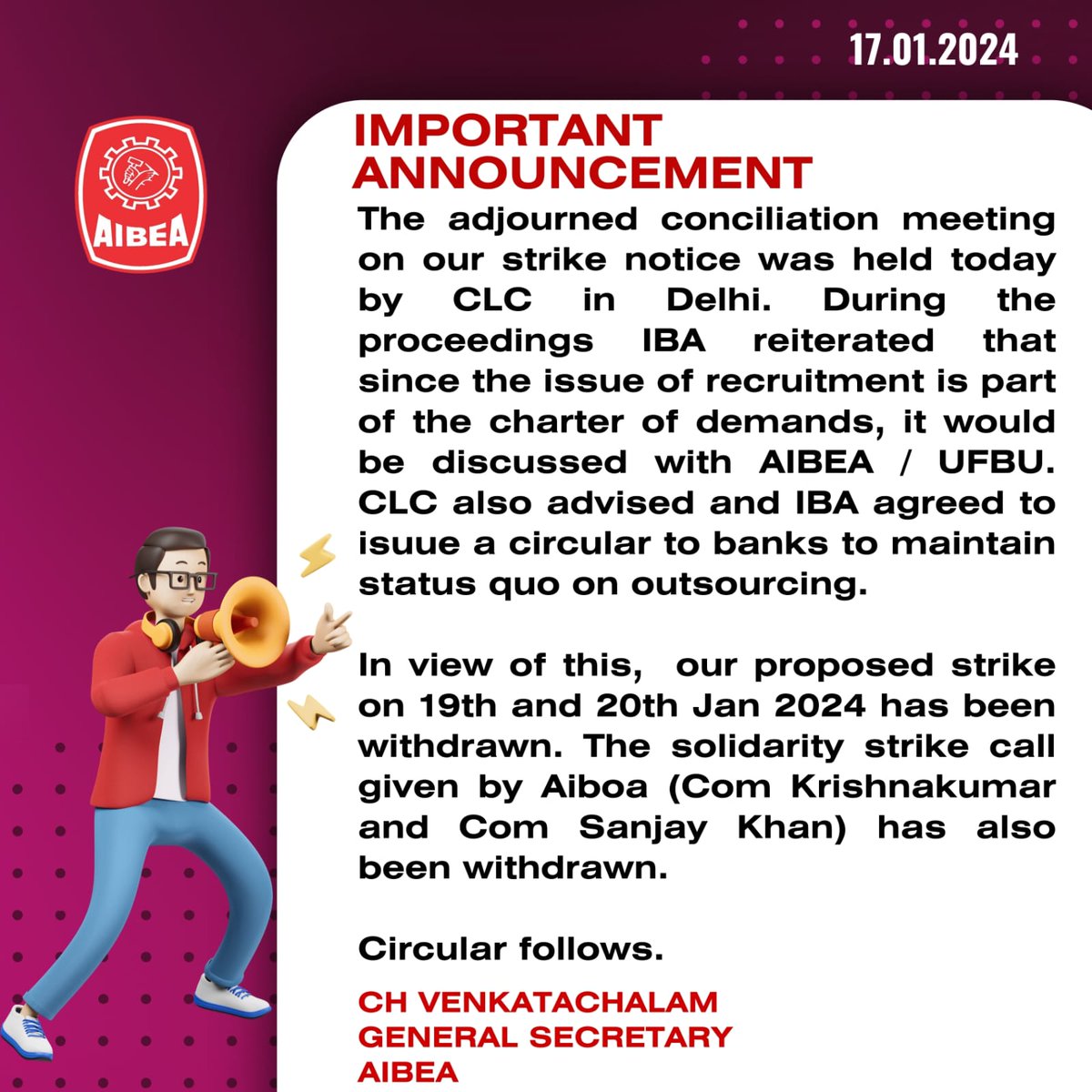 ChVenkatachalam's tweet photo. Important Announcement 👆
#AIBEA https://t.co/YYbt6b9ZMC