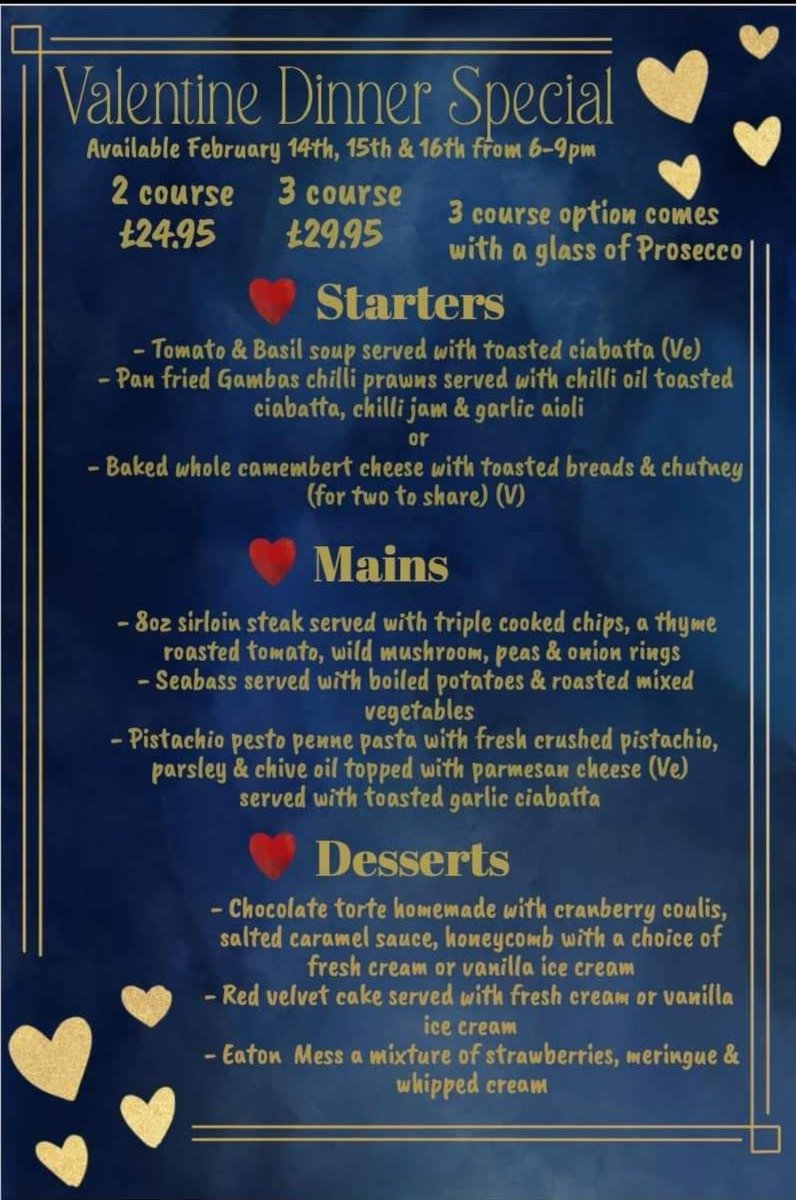 Treat your loved one to our Valentine dinner special available Wednesday 14th, Thursday 15th &amp; Friday 16th February.
❤️ 2 course £24.95 pp

❤️ 3 course plus prosecco £29.95 pp 

To book a table call 01727 421543 ☎️ 
Or email hareandhounds104@gmail.com 📧