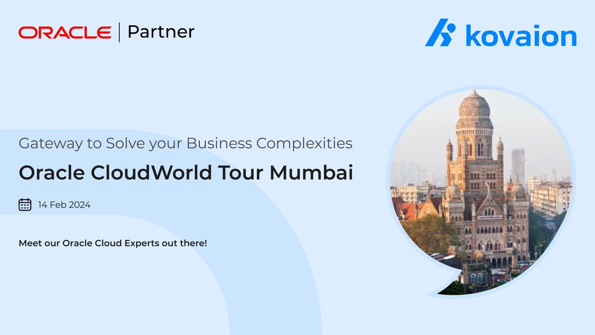 kovaion's tweet image. Gateway to 
👉 Meet our @Oracle #CloudExperts 
👉 Discover the #valuableinsights you need to solve your most intricate #businesschallenges 
at #Oracle #CloudWorldTour Mumbai

To know more about the event,
👉 Visit: kovaion.com/event/oracle-c…

@nandakovaion 

#Kovaion #CloudWorld