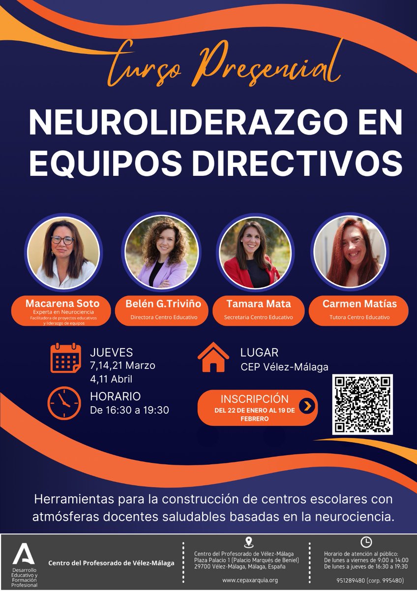 cepaxarquia's tweet photo. Abierta inscripción para el curso presencial, : NEUROLIDERAZGO EN EQUIPOS DIRECTIVOS, cód.: 242926GE504, que se realizará  en  el CEP de Vélez-Málaga.
Plazo: del 22 de Enero de 2024 al19 de Febrero  de 2024. 
Más información e inscripción en el enlace:
https://t.co/AwWirTEKuC https://t.co/tVwdU1U5GZ