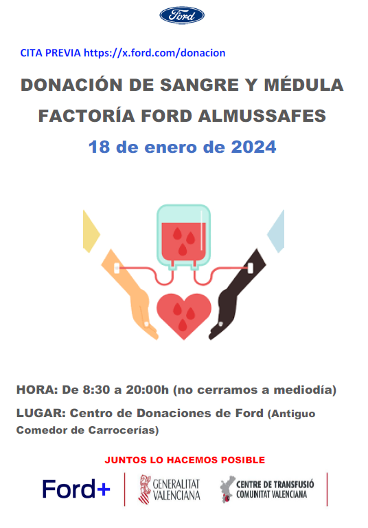 💉 #DONA | 𝘿𝙤𝙣𝙖𝙘𝙞𝙤́𝙣 𝙙𝙚 𝙨𝙖𝙣𝙜𝙧𝙚 𝙮 𝙢𝙚́𝙙𝙪𝙡𝙖 𝙁𝙖𝙘𝙩𝙤𝙧𝙞́𝙖 𝙁𝙤𝙧𝙙 𝘼𝙡𝙢𝙪𝙨𝙨𝙖𝙛𝙚𝙨  

Mañana jueves 18 podrás donar 𝘀𝗮𝗻𝗴𝗿𝗲 𝘆 𝗺𝗲́𝗱𝘂𝗹𝗮 en la Factoría de Ford en Almussafes.  

Reservar tu cita  llamando a: 
📞 961 792 299 
📞 961 791 826