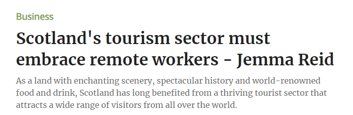 🗞️Remote work opportunity in Scotland-opinion piece in the business section of the Scotsman today following the launch of our report. Get in touch to develop your destination in this growing market. #remotework #foodtourism #scotfoodtourismambassador

scotsman.com/business/scotl…