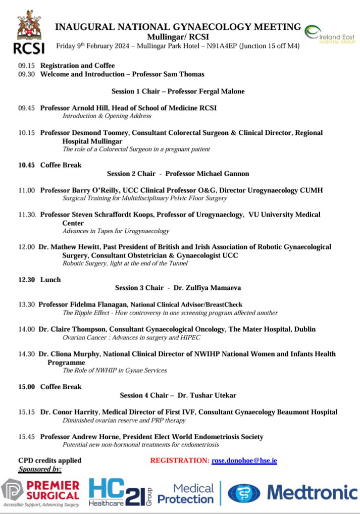 MullingarOBGYN's tweet photo. We are proud to announce our Inaugral  National Gynaecology RCSI-MULLINGAR meeting on 9th February 2024. With a stellar lineup of speakers.Lunch &amp; 5 cpd points are free . Please rsvp to attend @MullingarParkhotel @RCPI_news @RCSI_Irl @JOGSIreland @NWIHP https://t.co/lh2lxlVOaq