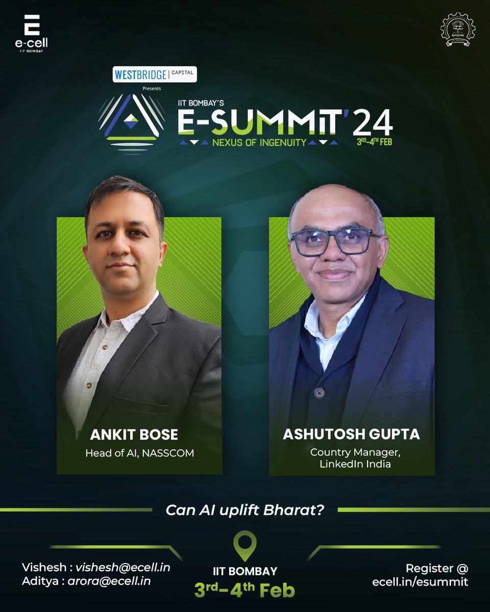 ecell_iitb's tweet photo. In the age of AI, we are bringing to you the stalwarts who have done it all! 

Ankit Bose is the head of AI at NASSCOM, with over a decade of experience with IBM, and he will be alongside Ashutosh Gupta, the country head of Linkedin India with extensive experience as director of sales in Asia. 

Book your seat now at https://t.co/rKCls2UXWQ 

#ai #data #india #linkedin #nasscom #country #head #ecell #iitb #iitbombay #esummit #growth #innovation