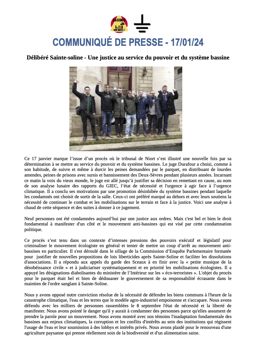 BassinesNon's tweet photo. "Une justice au service du pouvoir et du système bassines"  
📣Notre communiqué commun suite à la condamnation des militants anti-bassines à des peines de sursis, des amendes et des interdiction de territoire.  À lire ici : https://t.co/8c2TMrfhPy https://t.co/vkjyWCdXdn